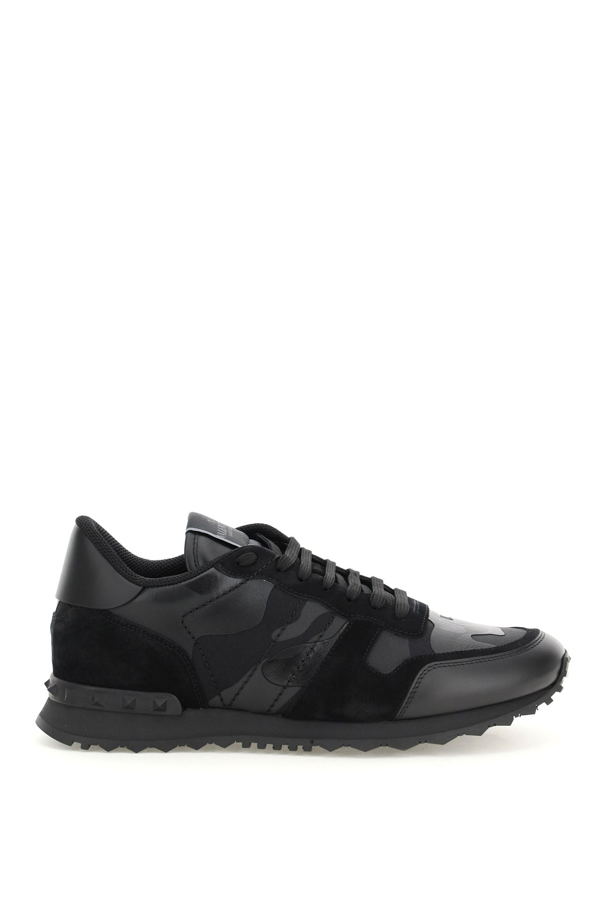 Valentino Garavani Camouflage Leather Suede Knit Sneakers With Rubber Studs In Black