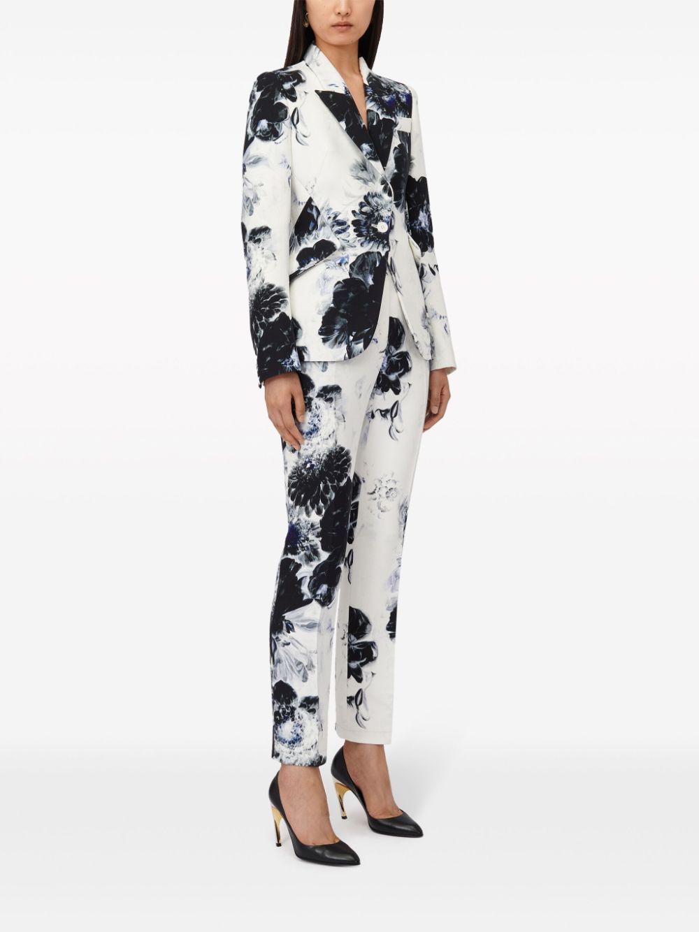 Shop Alexander Mcqueen Navy Floral Print High-waisted Trousers For Women In Blue