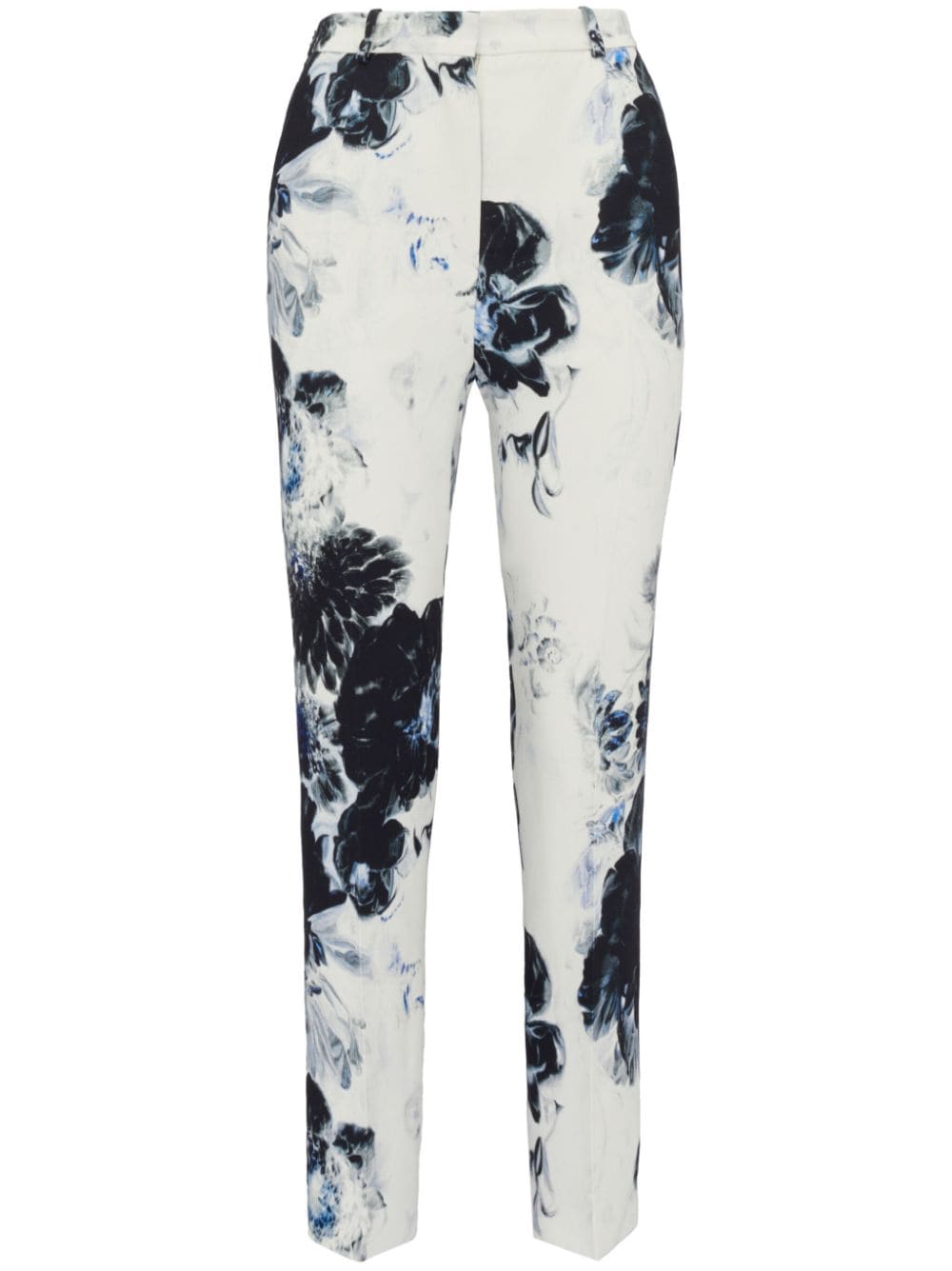 Shop Alexander Mcqueen Navy Floral Print High-waisted Trousers For Women In Blue