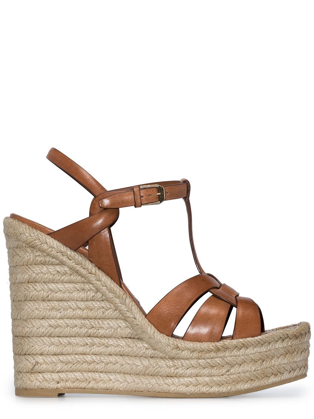 Saint Laurent Intertwining Strap Sandals With Jute Wedge Sole In Brown