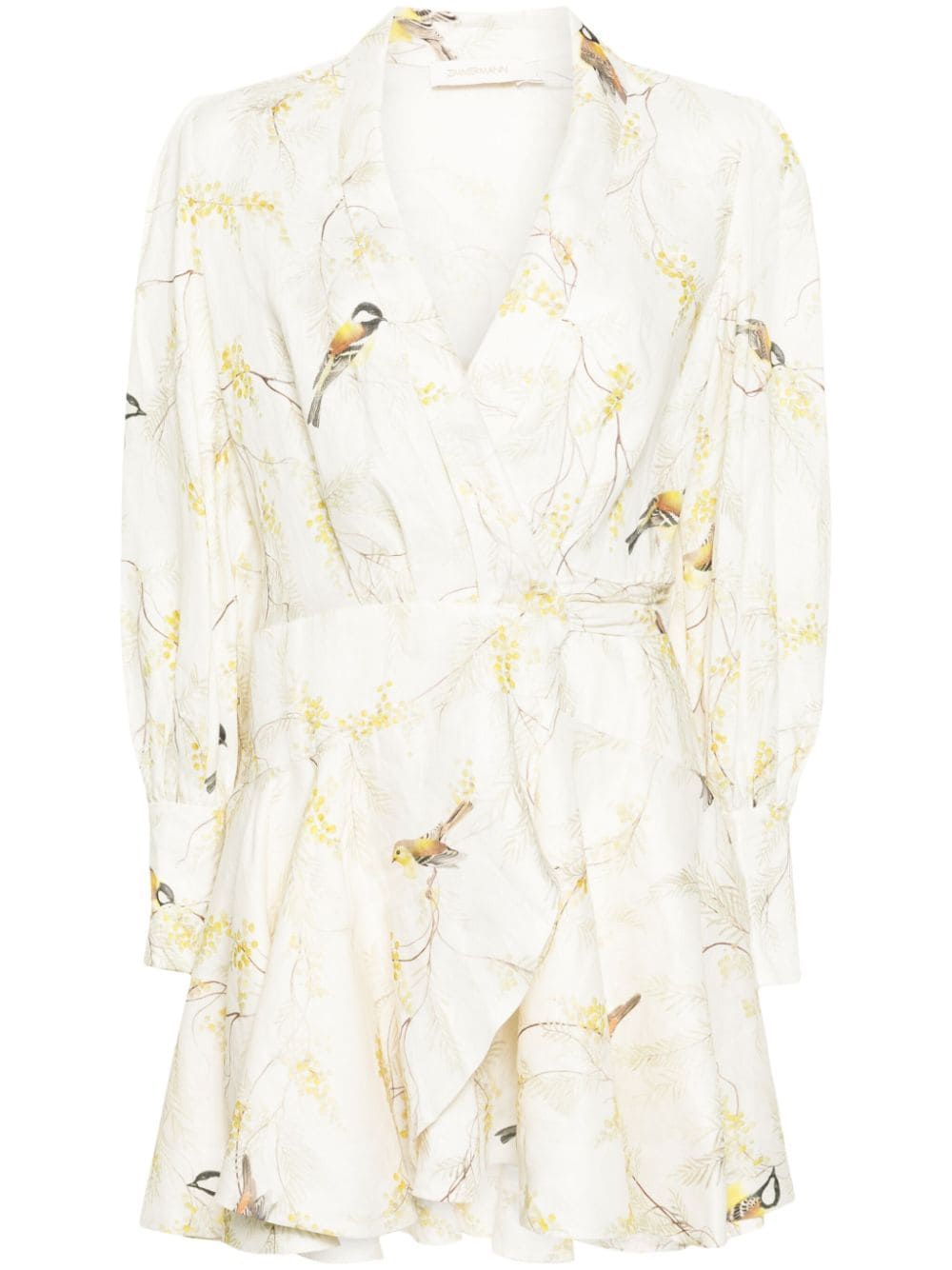 Zimmermann Floral Print Linen Wrap Mini Dress With Scarf Collar And Long Puff Sleeves In Ivory