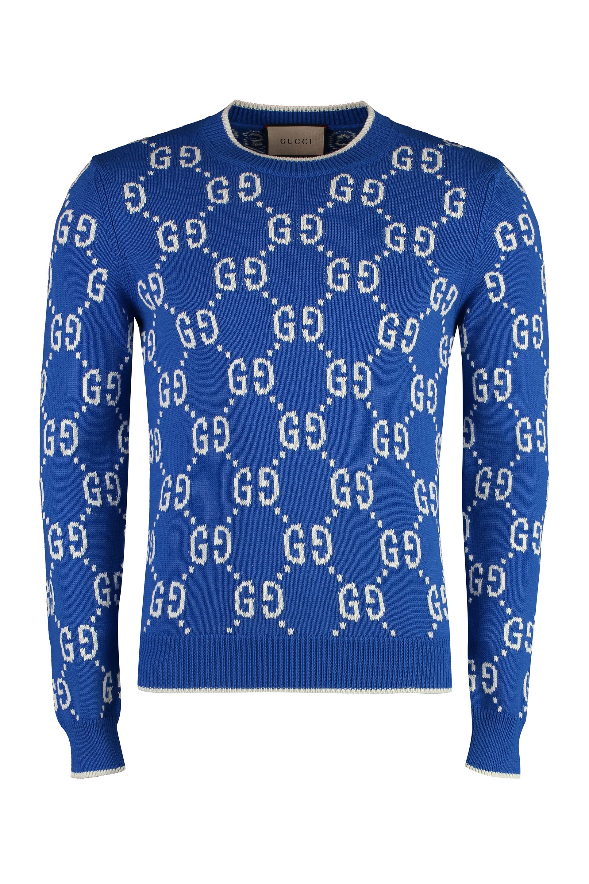 Shop Gucci Navy Ribbed Knit Edges Jacquard Sweater For Men (ss24) In Blue