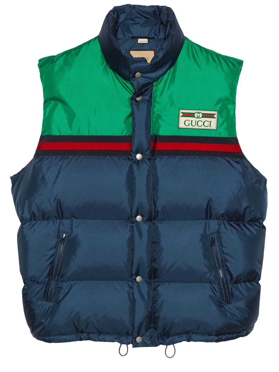 Shop Gucci Dark Blue And Green Nylon Padded Vest With Vintage Logo And Web Detail For Men