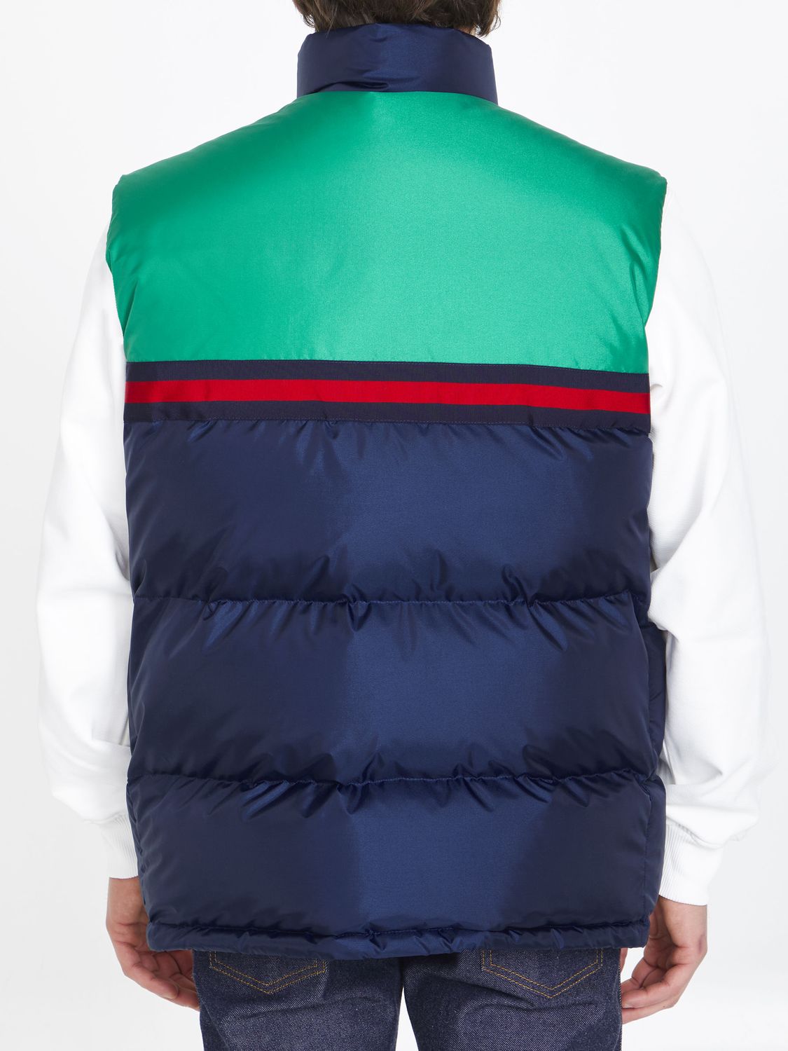 Shop Gucci Dark Blue And Green Nylon Padded Vest With Vintage Logo And Web Detail For Men
