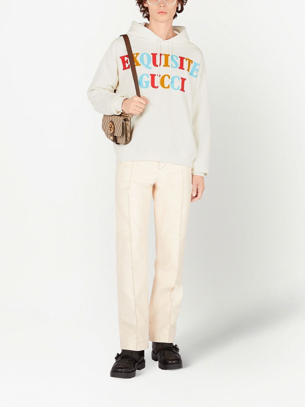 Shop Gucci Men's White Cotton Hoodie With Contrasting Color Print And Back Graphic In Cream