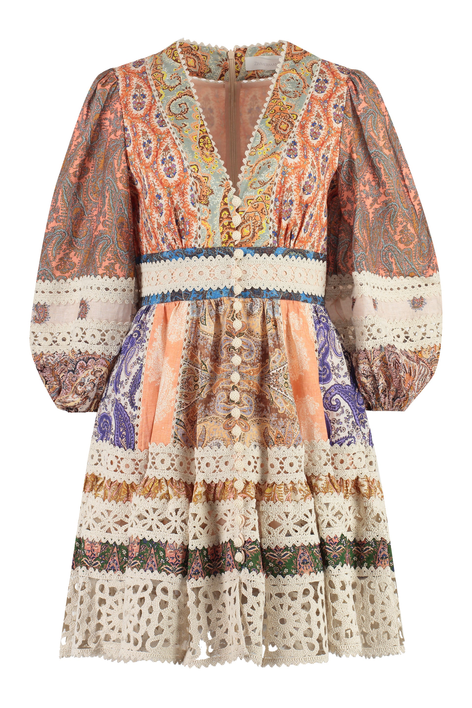 Zimmermann Bohemian Chic Mini Dress With Crochet Trims And Paisley Motifs All-over In Multicolor