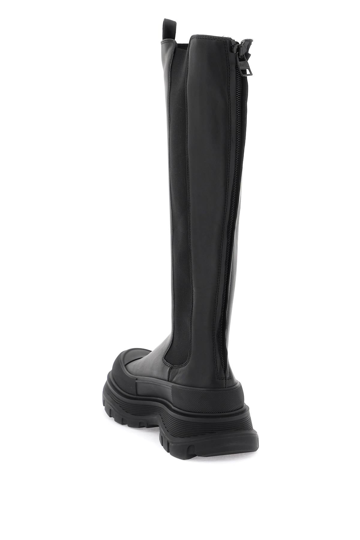 Shop Alexander Mcqueen Sleek Black Leather Tread Boots For Women | Ss24 Collection