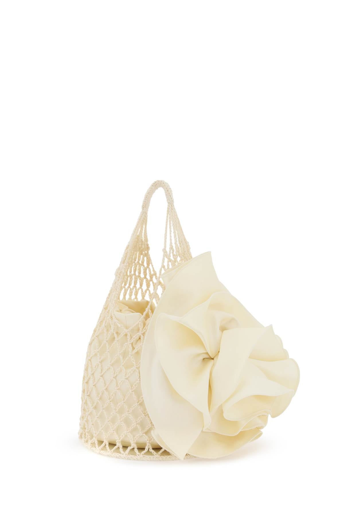Shop Magda Butrym Crochet Knit Mini Handbag With Satin Flower Embellishment In Grey