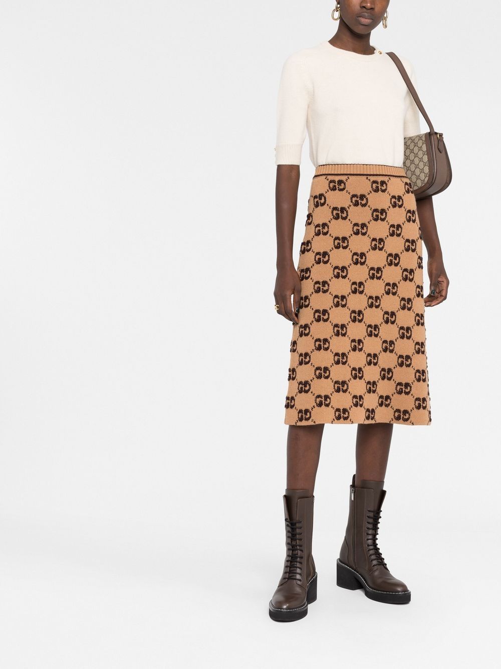 Shop Gucci Sand Beige Wool A-line Midi Skirt With Gg Jacquard Pattern And Stripe Trim