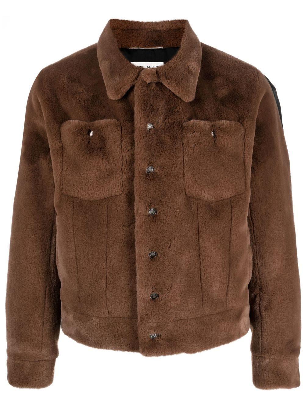 Saint Laurent Faux-fur Denim Jacket In Brown