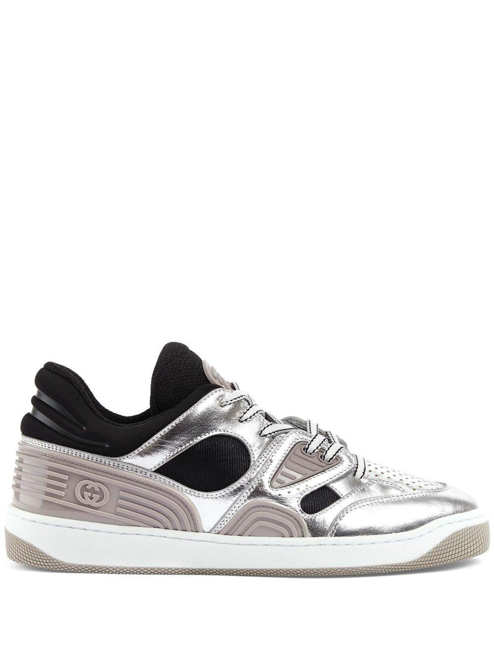 Gucci Elevate Your Style With This Silver And Black Metallic-leather Sneaker In Gray