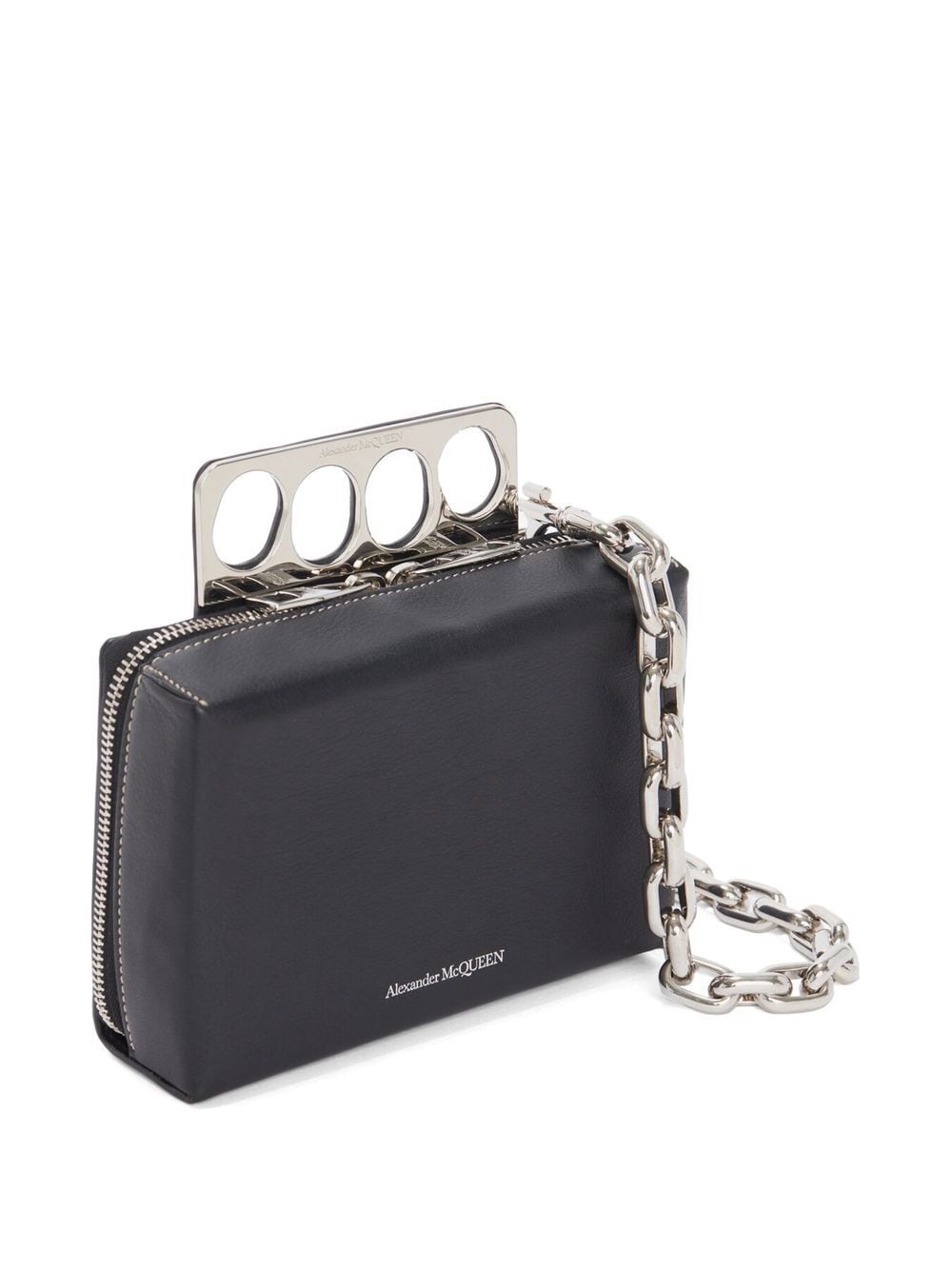 Shop Alexander Mcqueen Men's Black Leather Mini Handbag With Silver-tone Logo Lettering And Chain-link Strap By Alexander M