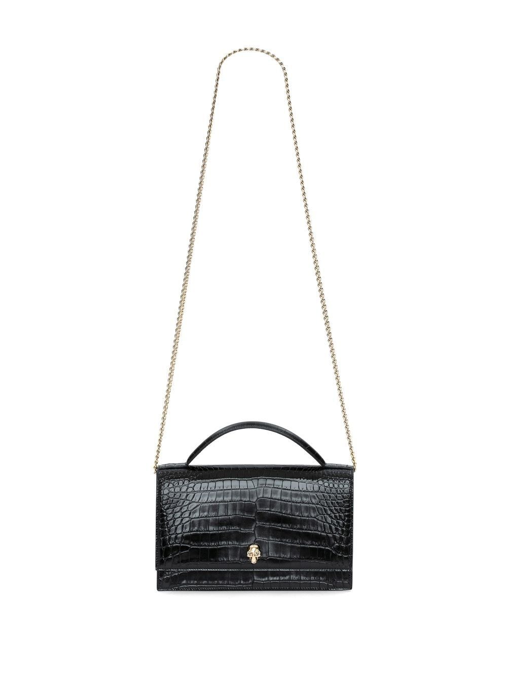 Shop Alexander Mcqueen Black Skull Crocodile-effect Leather Shoulder Handbag For Women