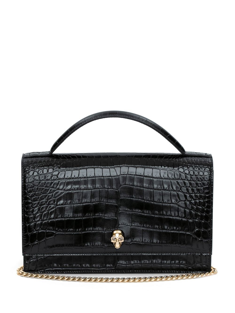 Shop Alexander Mcqueen Black Skull Crocodile-effect Leather Shoulder Handbag For Women