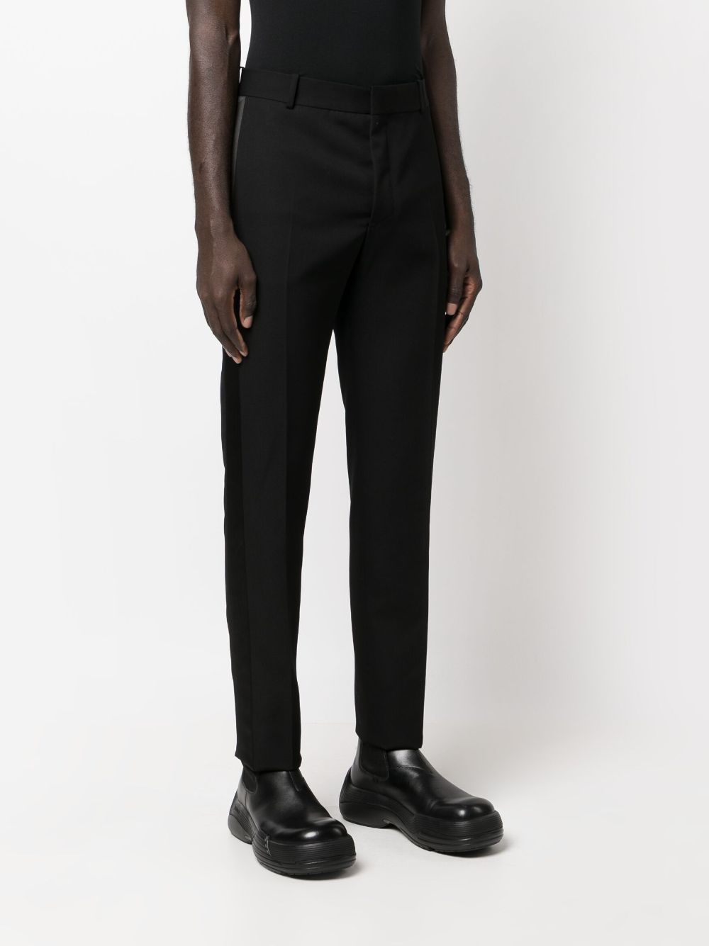 Shop Alexander Mcqueen Men's Black Wool Tailored Trousers With Satin Side Stripes