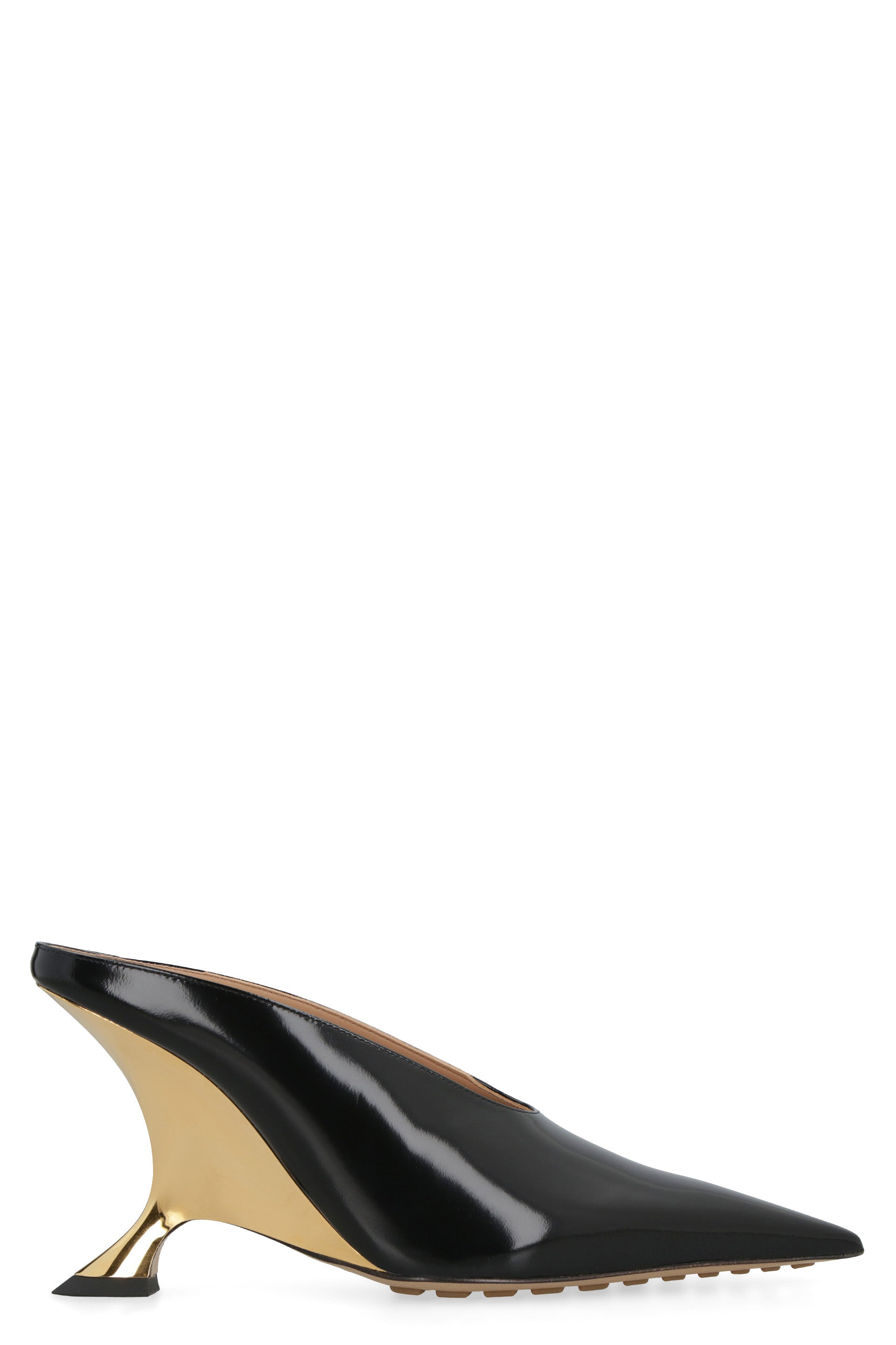 Shop Bottega Veneta Black Pointy Toe Leather Sandals With Mirror Effect Block Heel For Women