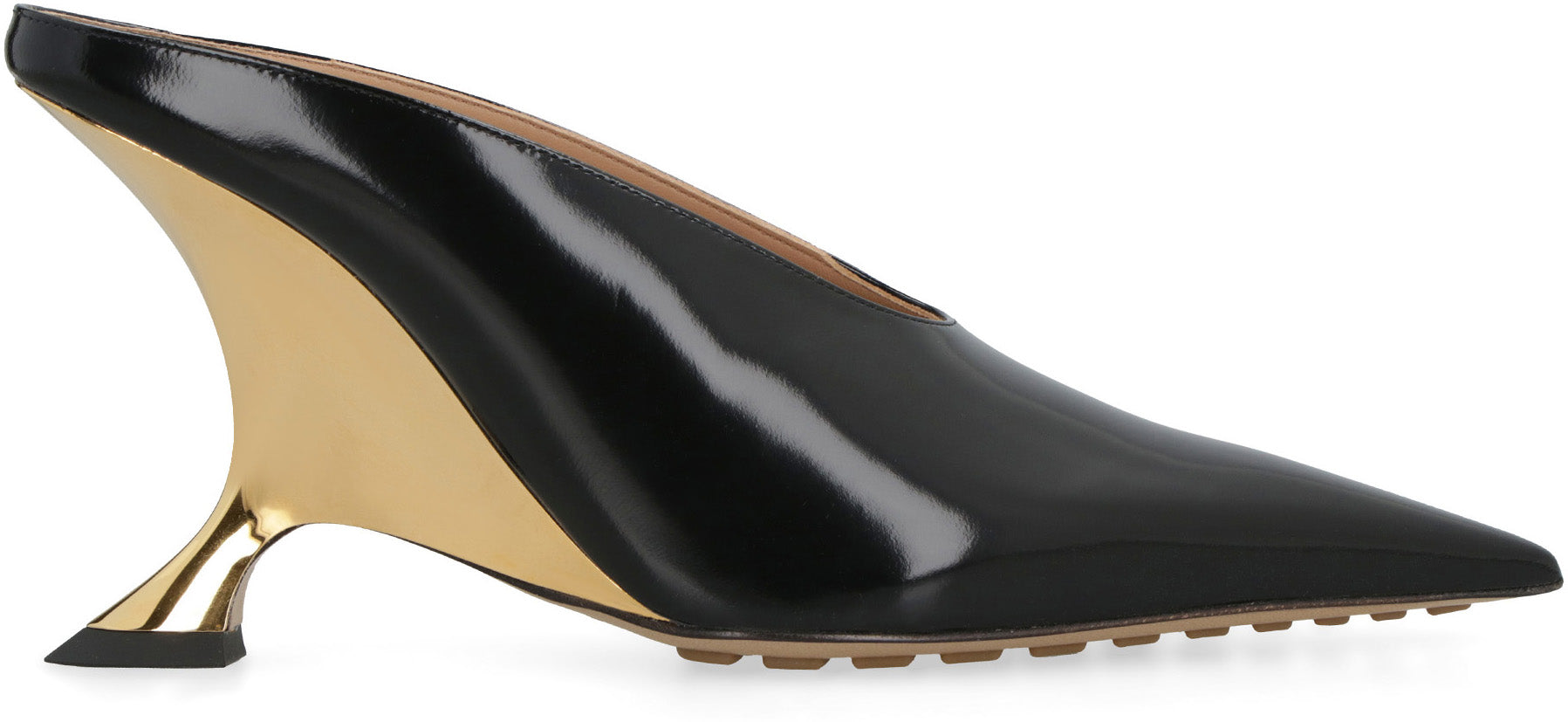 Shop Bottega Veneta Black Pointy Toe Leather Sandals With Mirror Effect Block Heel For Women