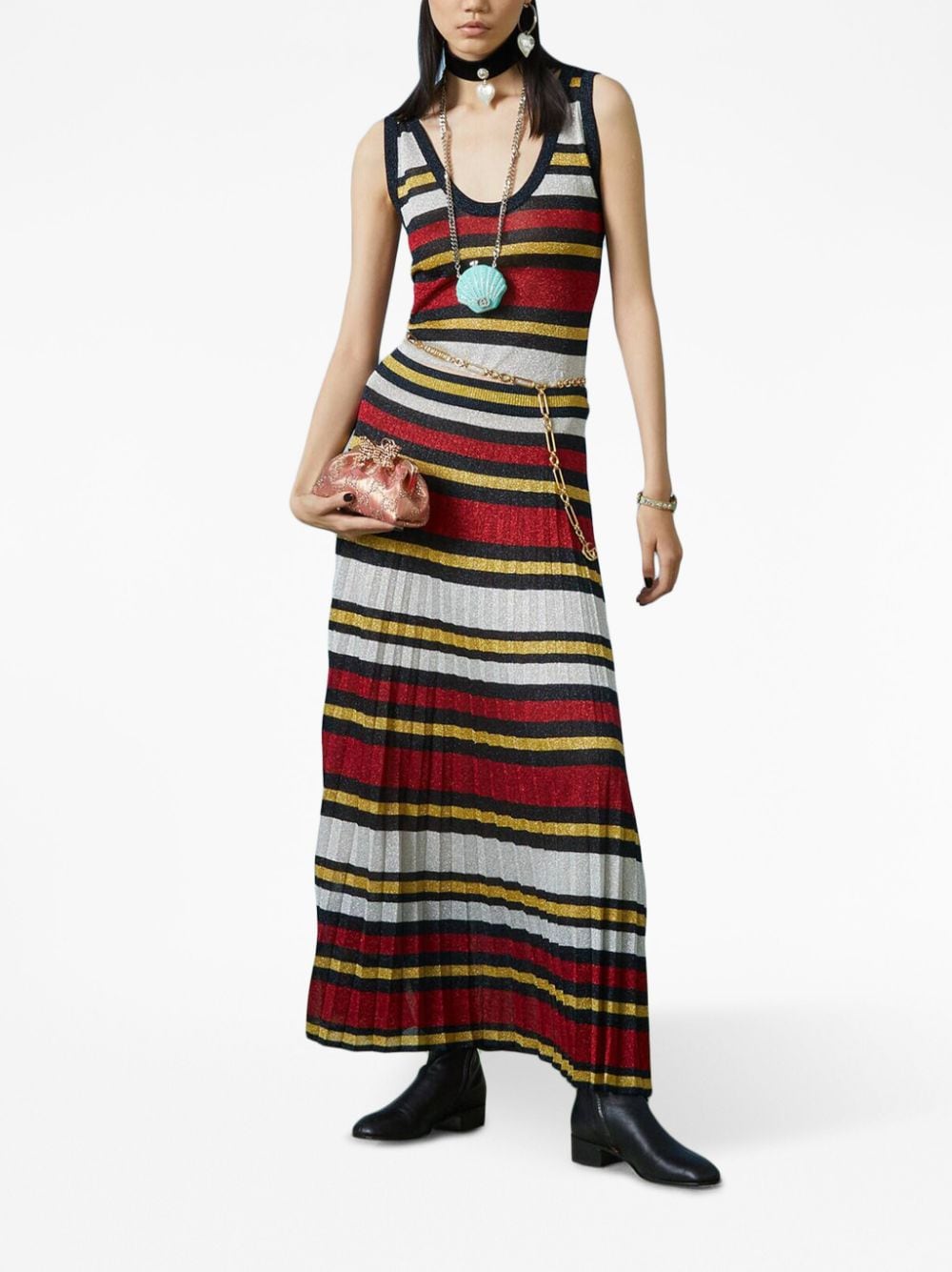 Shop Gucci Striped Pleated Lamé Skirt In Blue