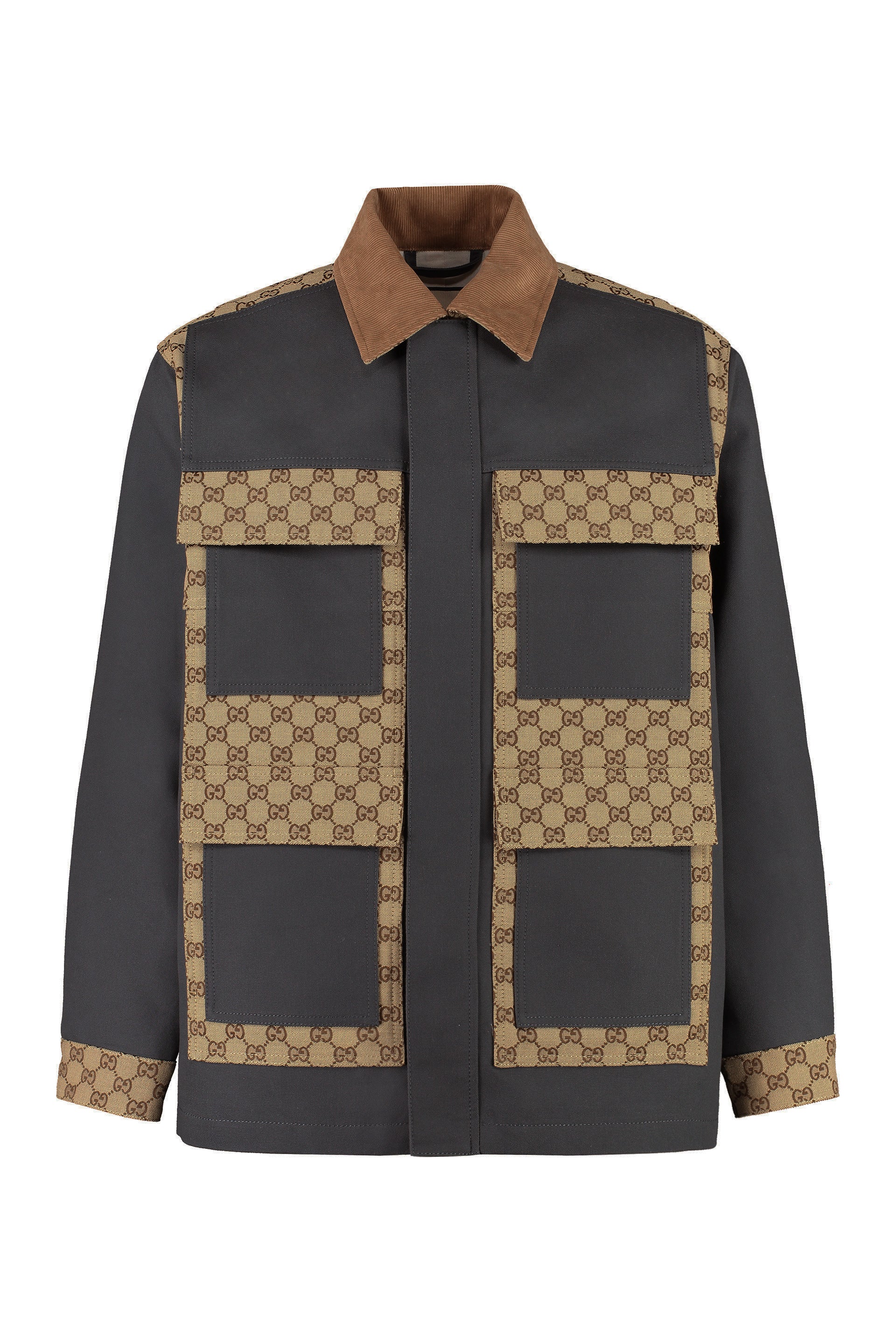 Shop Gucci Mens Grey Cotton Jacket With Contrasting Collar And Gg Supreme Fabric Inserts