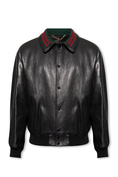 Shop Gucci Luxurious Black Leather Bomber Jacket With Web Striped Detail For Men