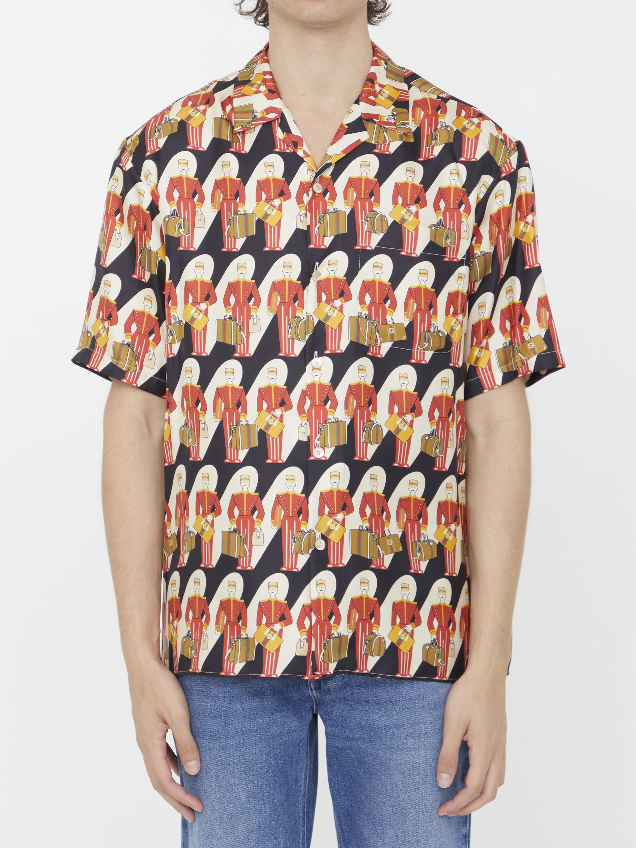 Shop Gucci Men's Short-sleeved Silk Twill Shirt With Porter Print In Black & Red