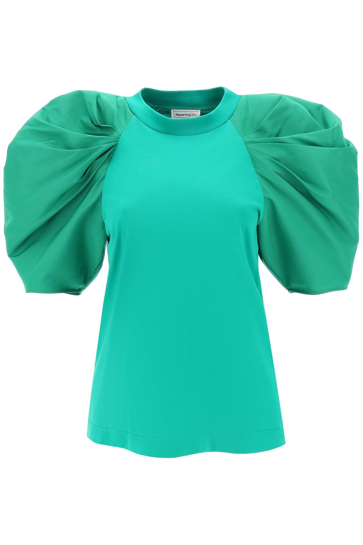 Shop Alexander Mcqueen Green Ruched Balloon Sleeve T-shirt For Women