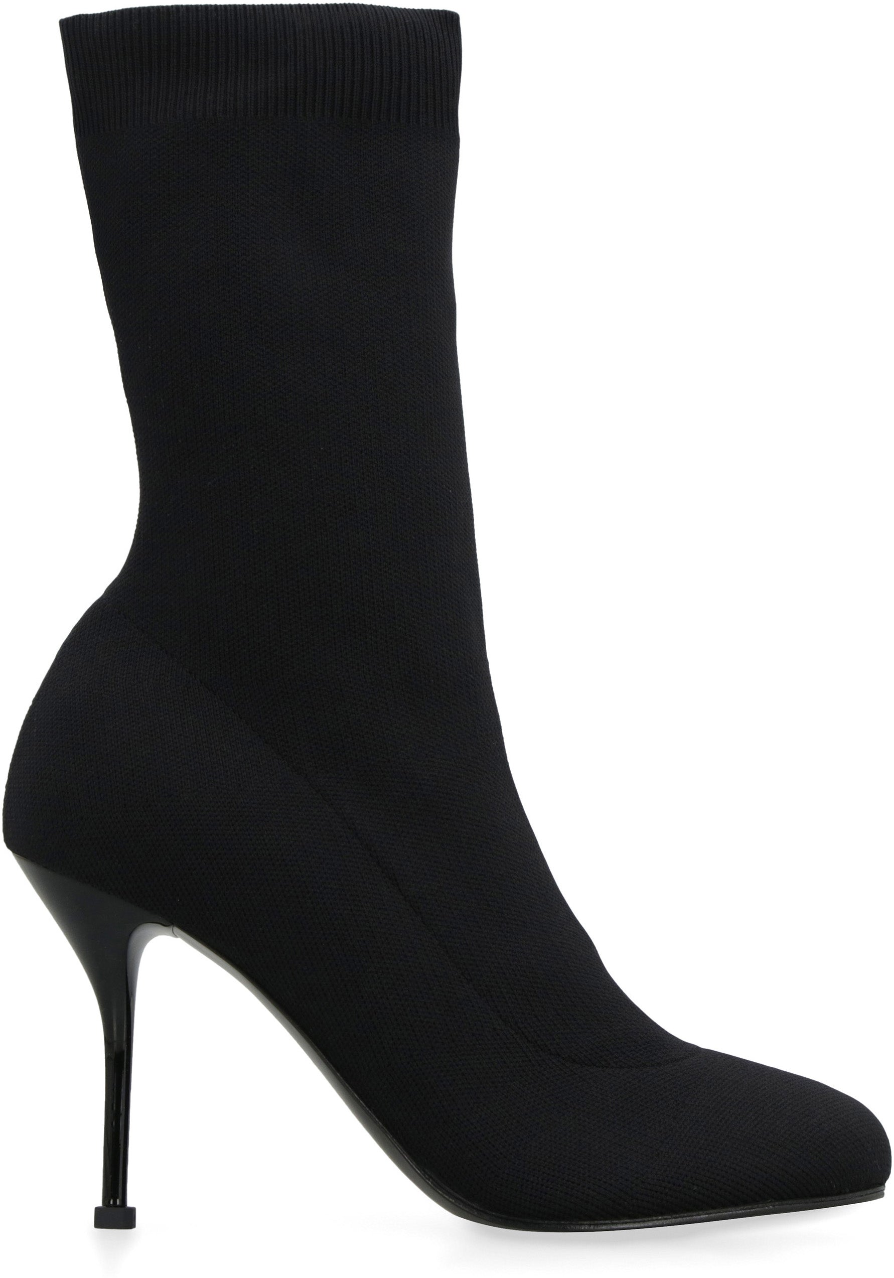 Shop Alexander Mcqueen Stretch Knit Ankle Boots With Ribbed Trim And Lacquered Heel For Women In Fw23 In Black