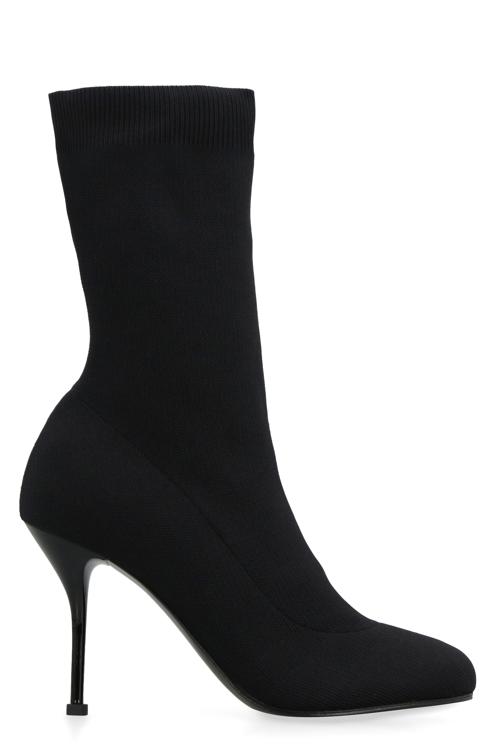 Shop Alexander Mcqueen Stretch Knit Ankle Boots With Ribbed Trim And Lacquered Heel For Women In Fw23 In Black