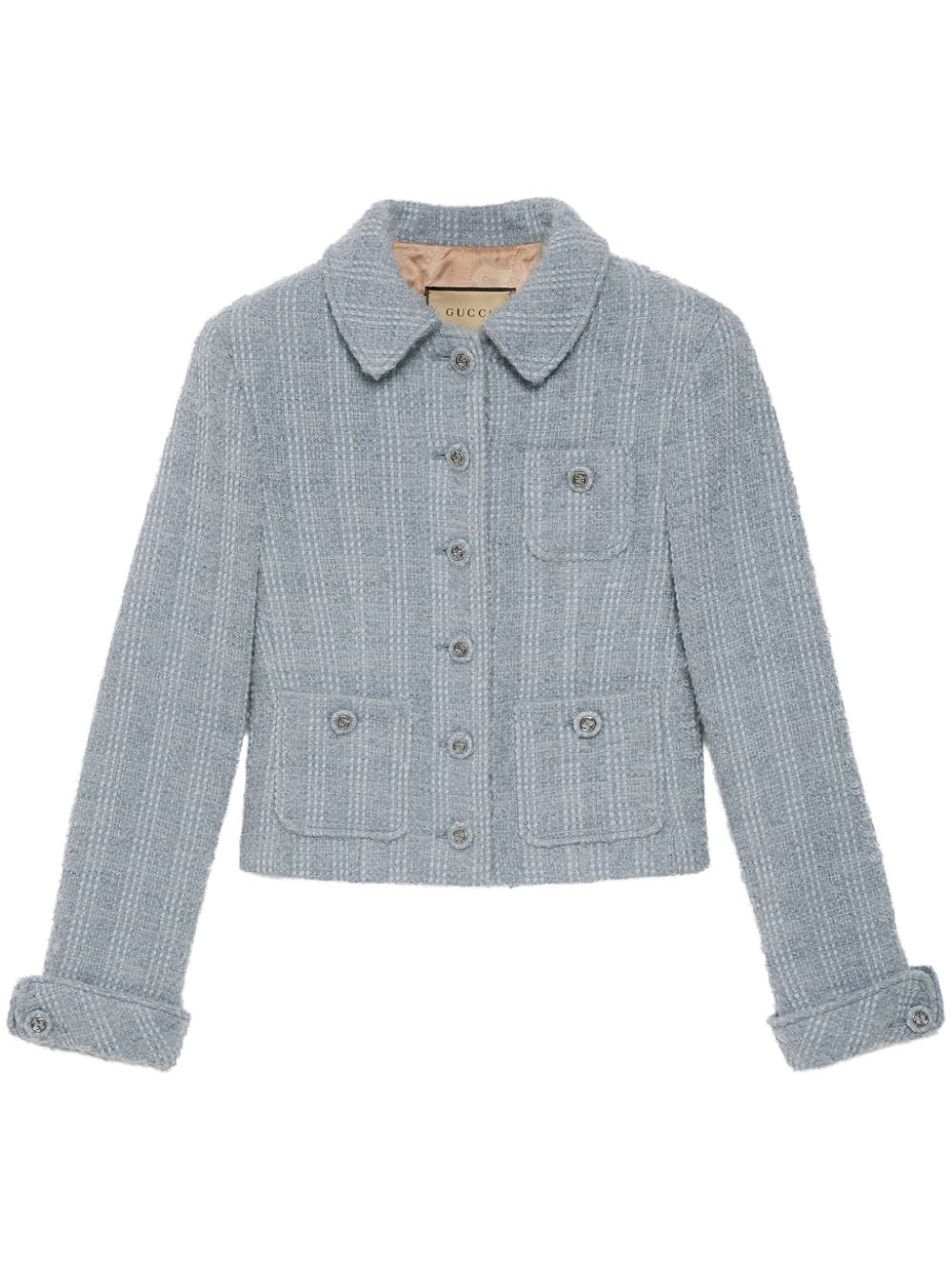 Shop Gucci Pale Blue Wool Blend Tweed Jacket With Interlocking G Logo Buttons In Navy