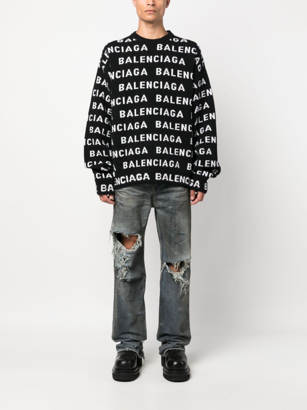 Shop Balenciaga Men's Black Wool Knit Crewneck With Horizontal Logo