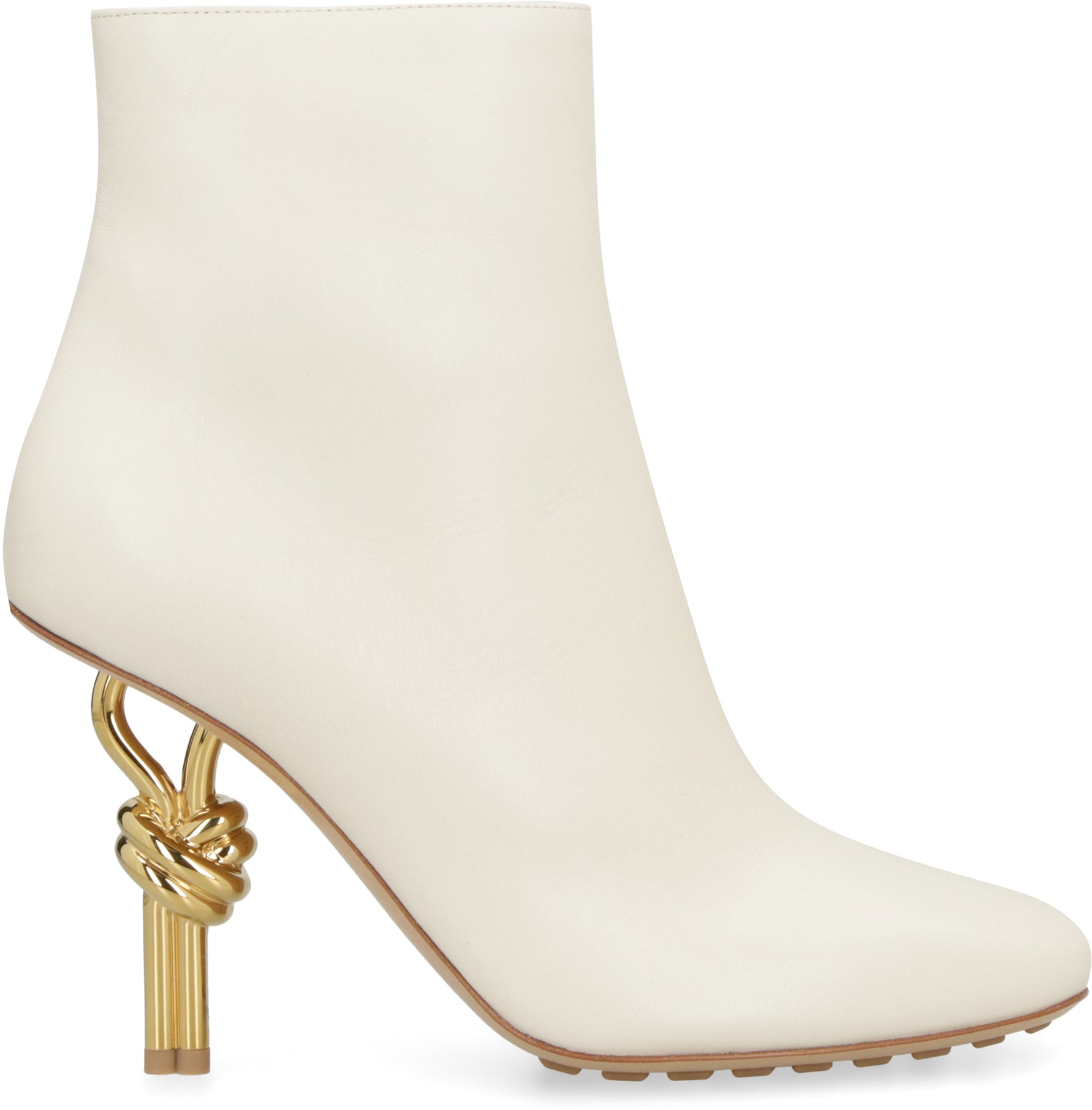 Shop Bottega Veneta Ivory Leather Ankle Boots With Square Toeline And Gold-tone Metal Heel For Women In Black