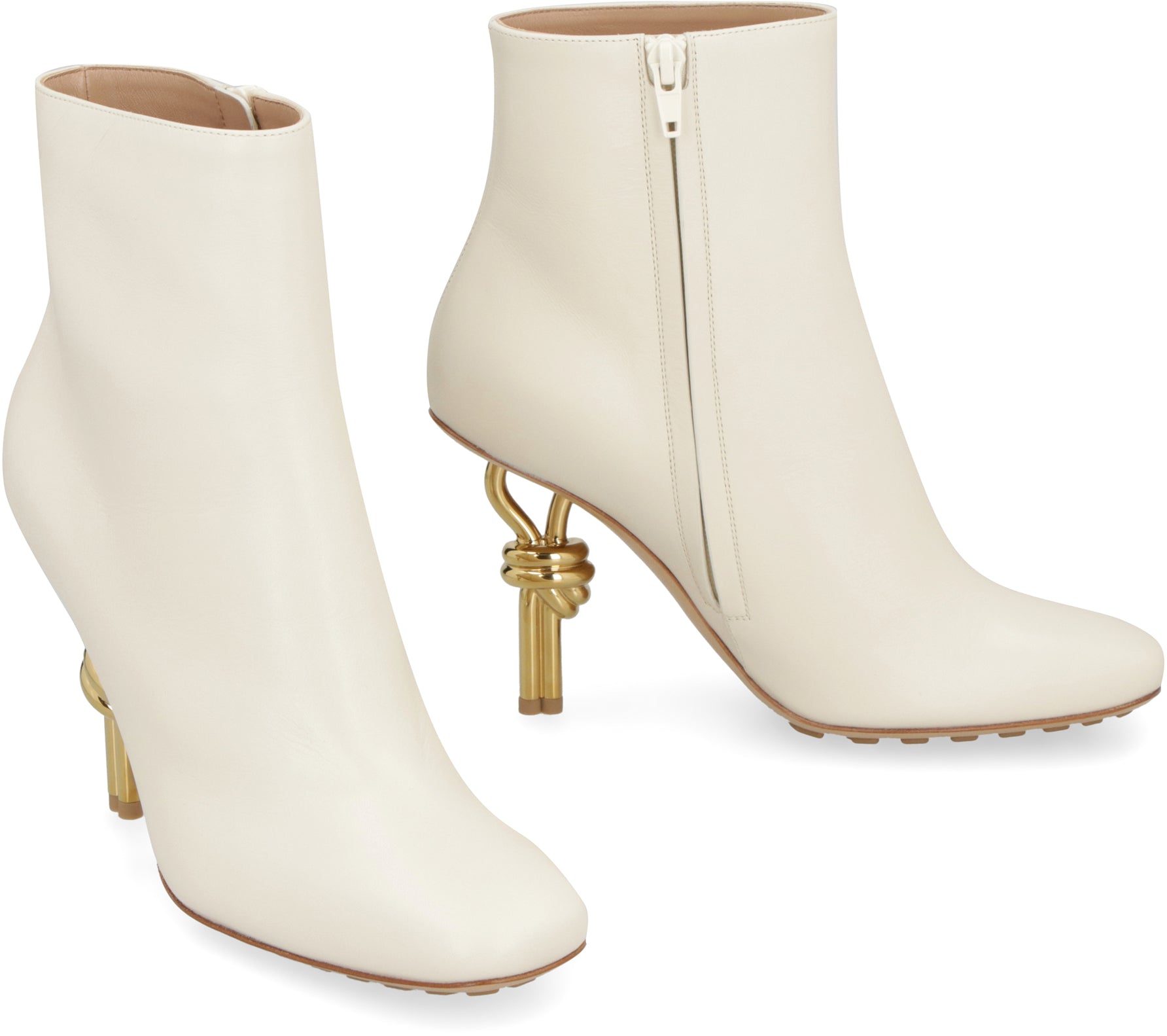 Shop Bottega Veneta Ivory Leather Ankle Boots With Square Toeline And Gold-tone Metal Heel For Women In Black