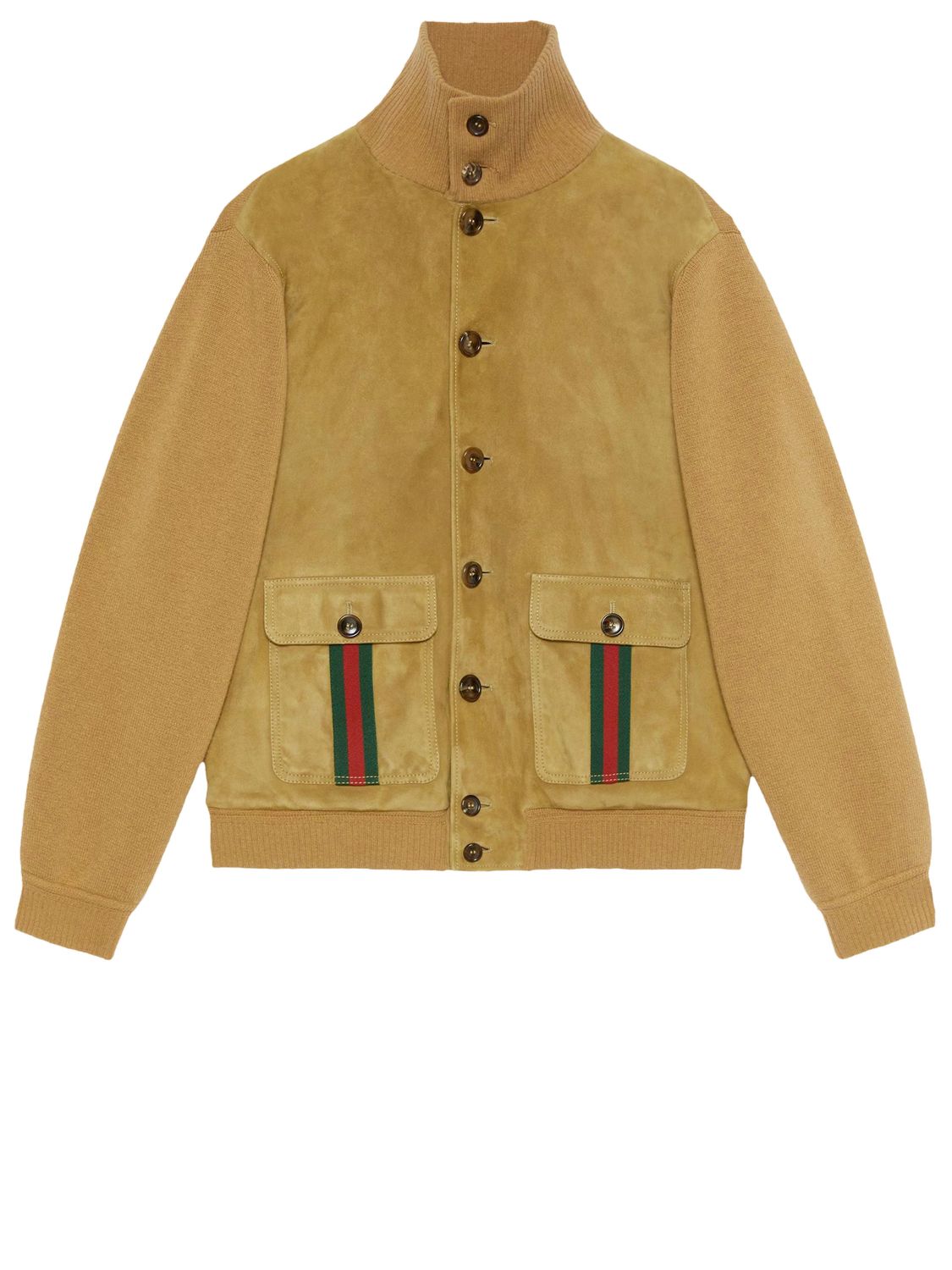Gucci Men's Suede Bomber Jacket With Wool Details And Green/red Accents In Brown