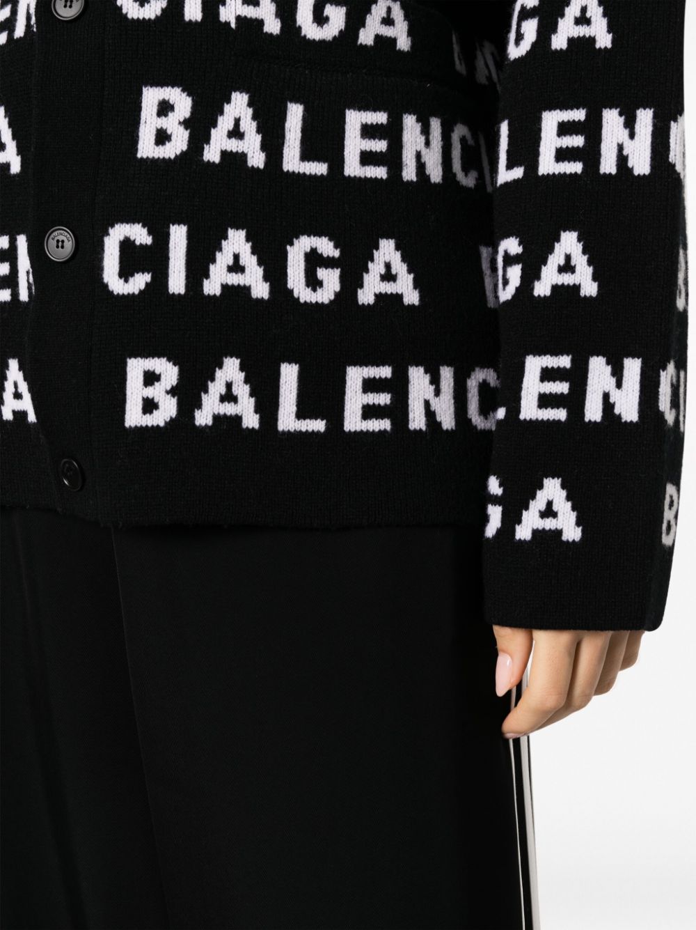 Shop Balenciaga Intarsia-knit Logo-motif Cardigan For Women In Black/white In Tan