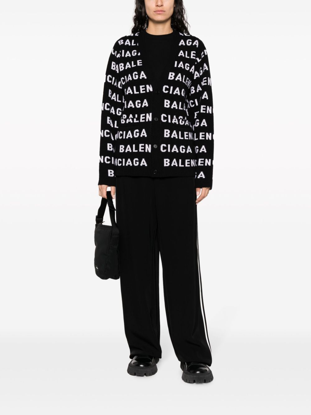 Shop Balenciaga Intarsia-knit Logo-motif Cardigan For Women In Black/white In Tan