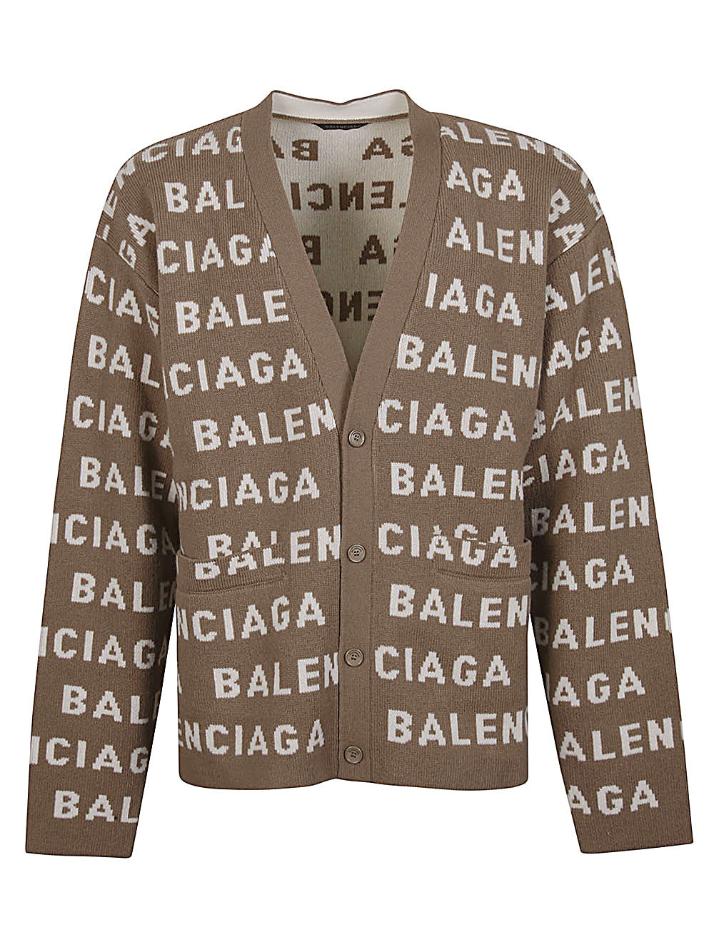 Shop Balenciaga Men's Allover Logo Wool Cardigan In Tan