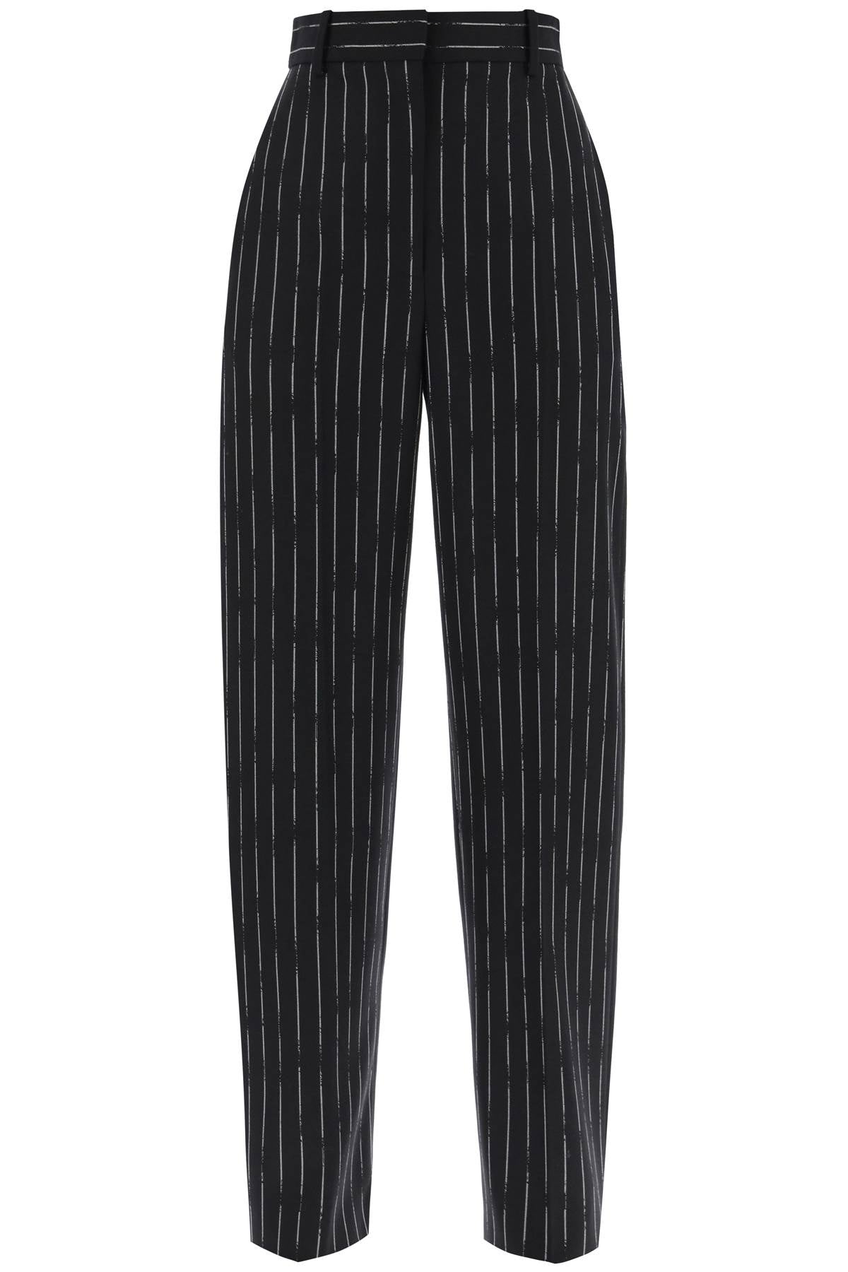Shop Alexander Mcqueen High Waisted Broken Pinstripe Trousers In Black
