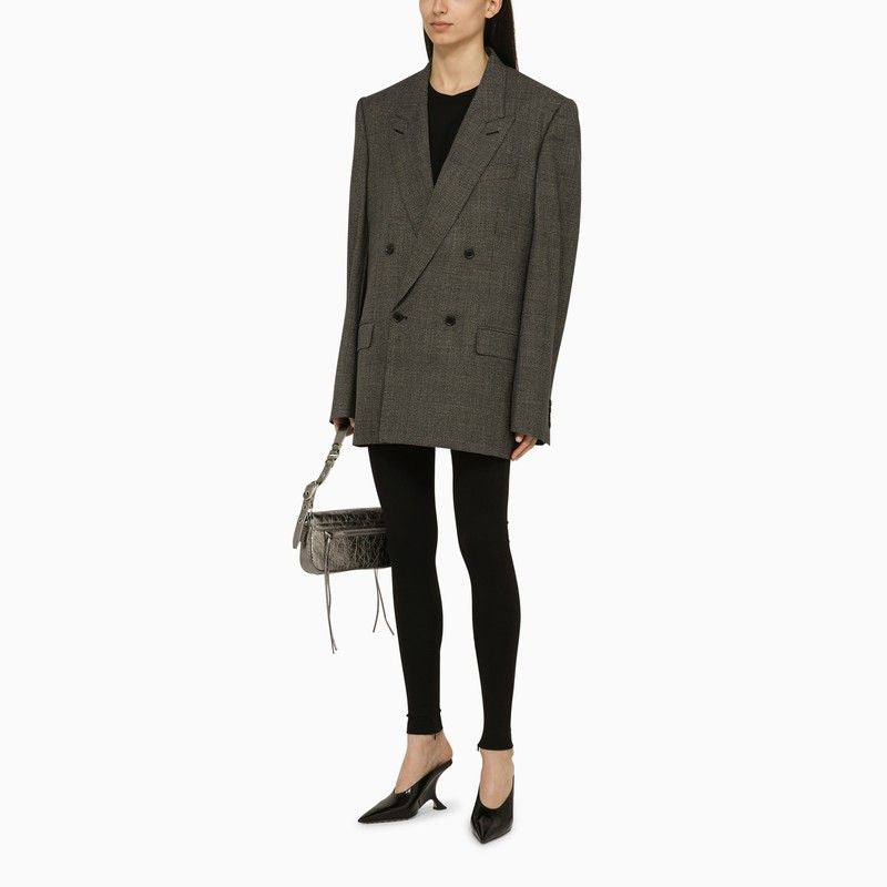 Shop Balenciaga Black And Grey Double-breasted Wool Jacket With Prince Of Wales Motif And Padded Shoulders For Women