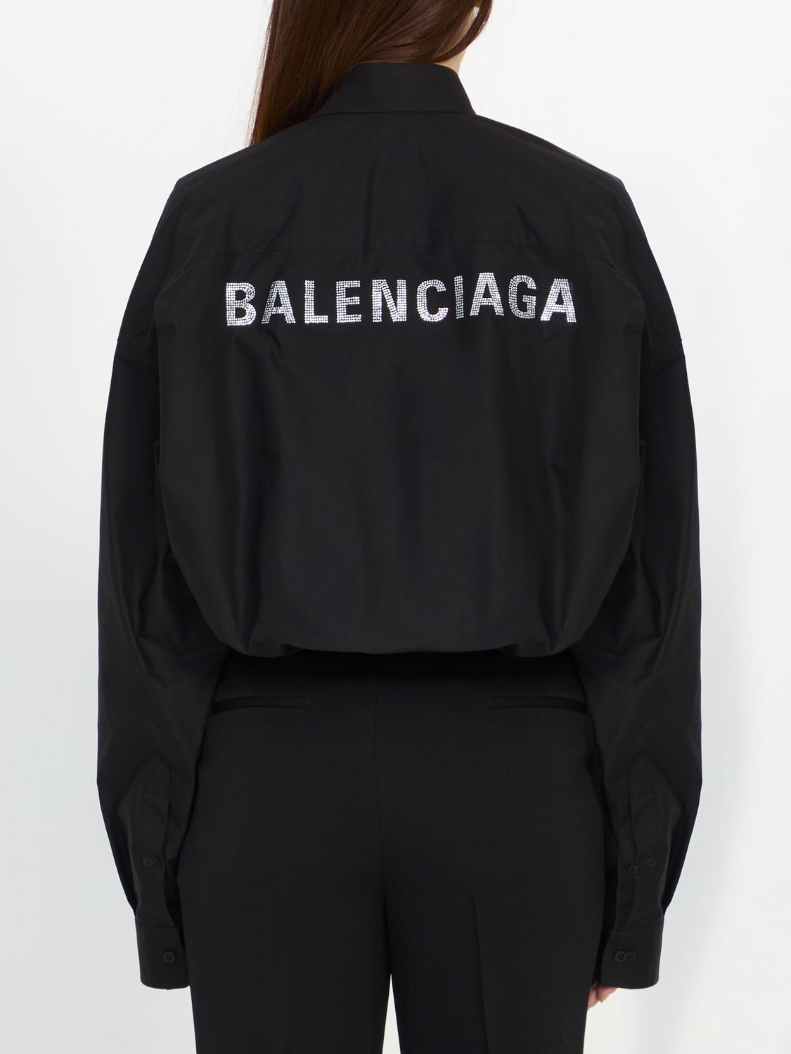 Shop Balenciaga Black Cotton Shirt With Crystal Logo And Classic Collar In White