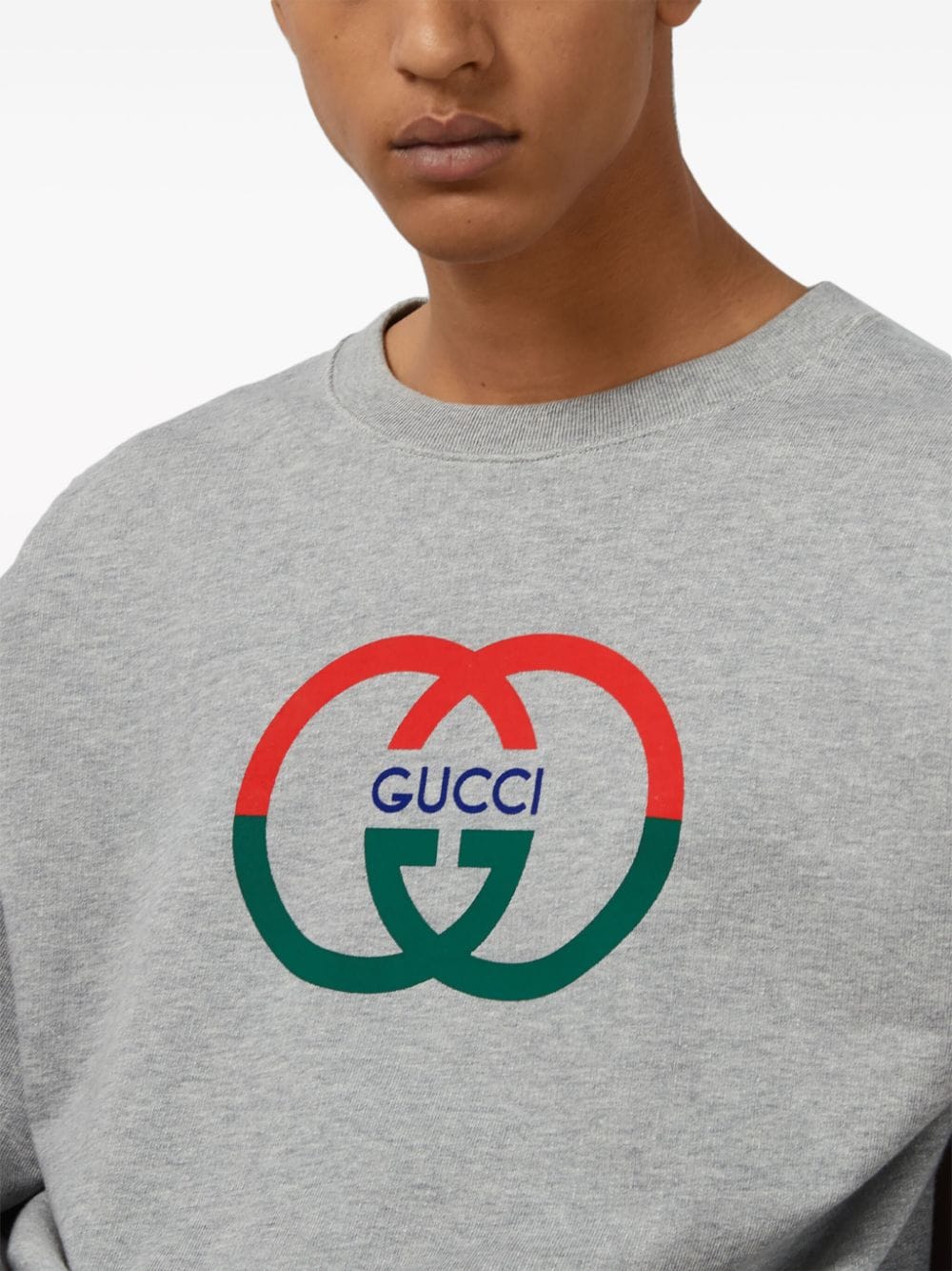 Shop Gucci Men's Grey Cotton Crewneck Sweatshirt With Interlocking G Logo Print