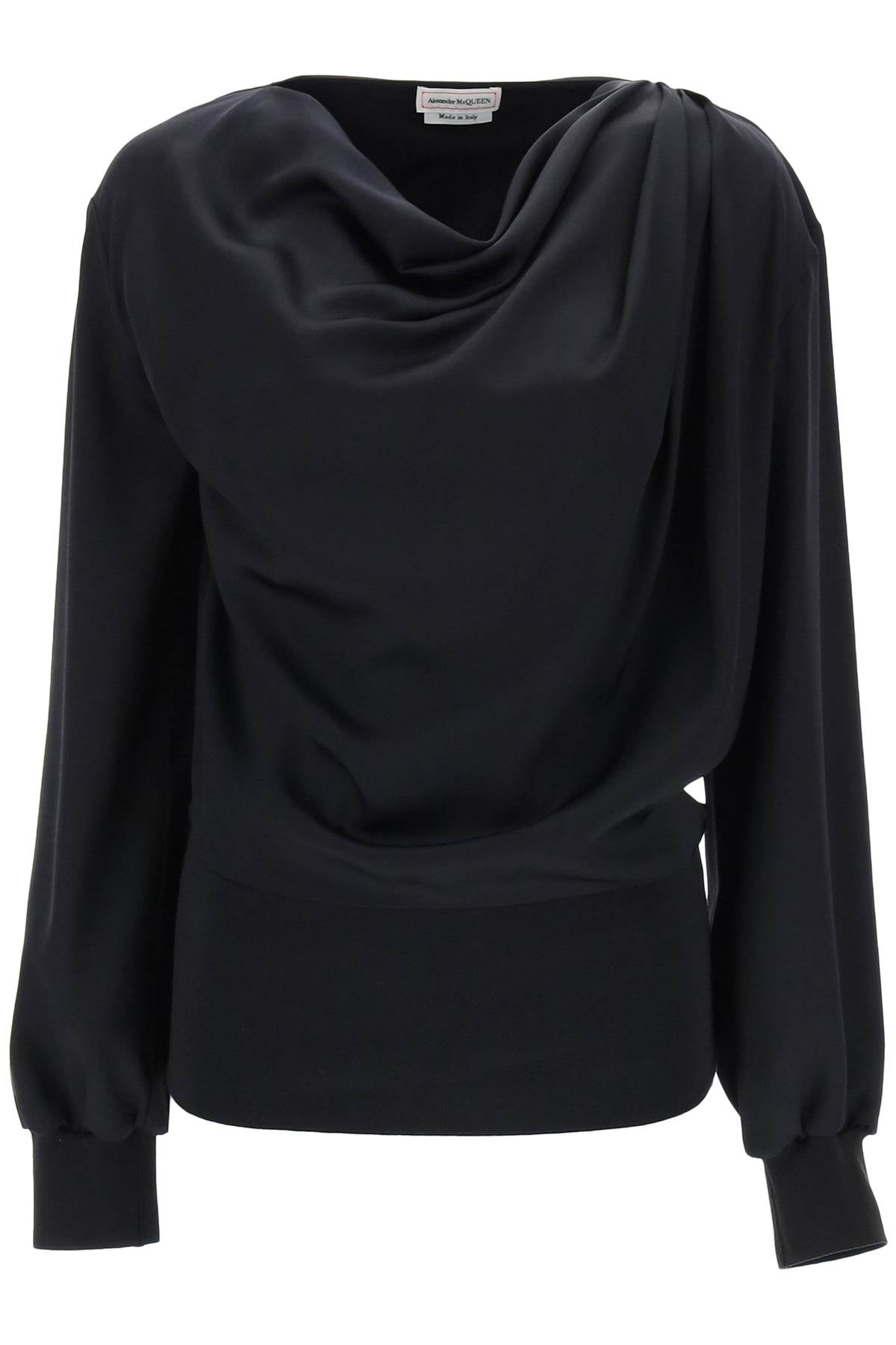 Shop Alexander Mcqueen Draped Silk Satin Blouse With Cowl Neck And Ribbed Cuffs In Black