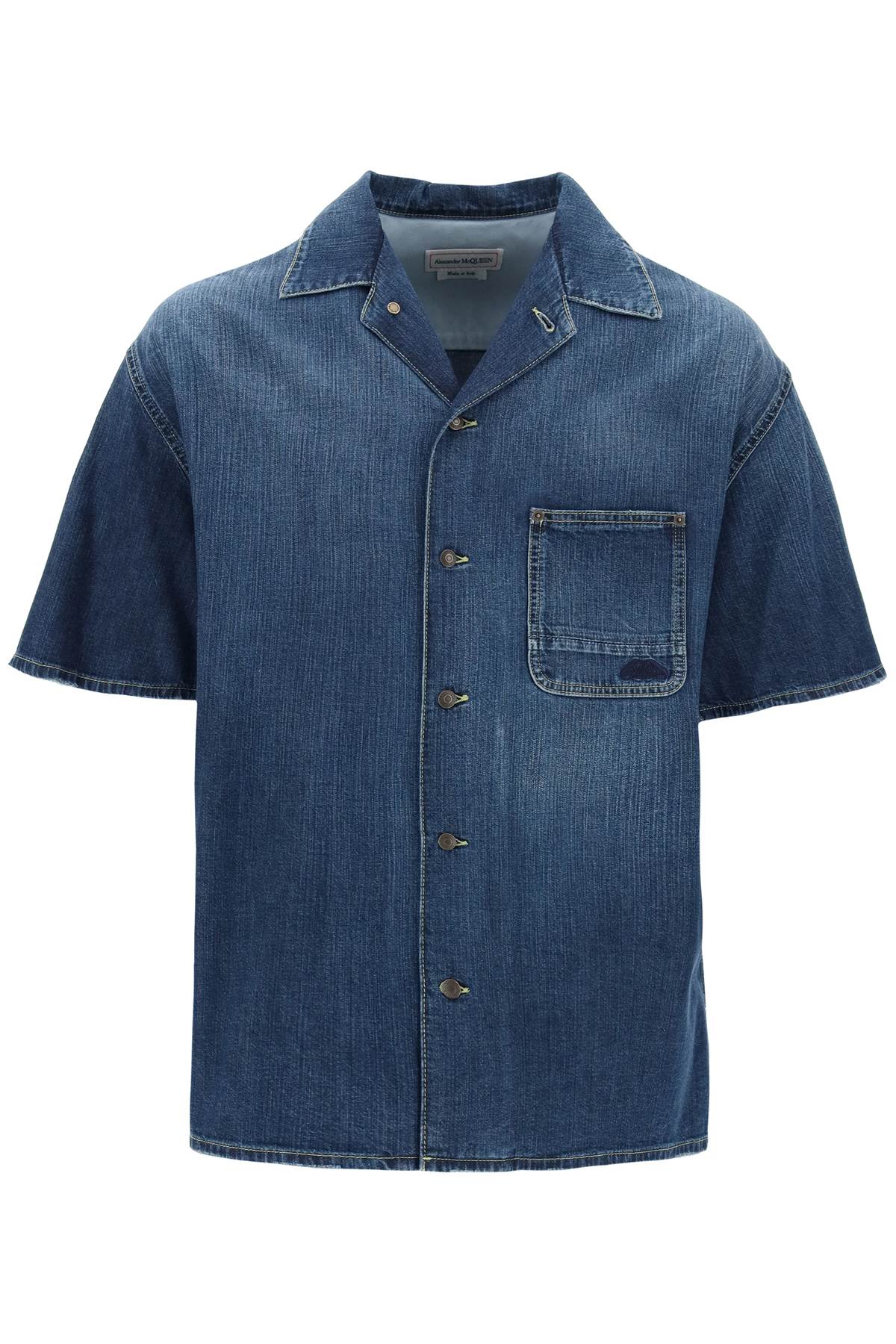 Shop Alexander Mcqueen Men's Organic Denim Short Sleeve Button-up Shirt In Navy In Blue