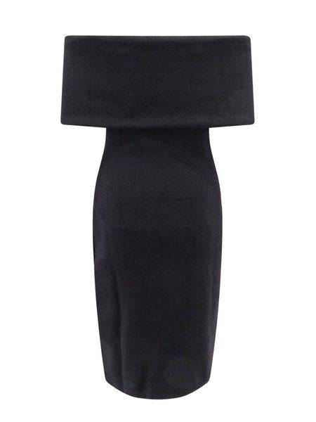 Shop Bottega Veneta Black Off-the-shoulder Midi Dress In Textured Technical Nylon For Women