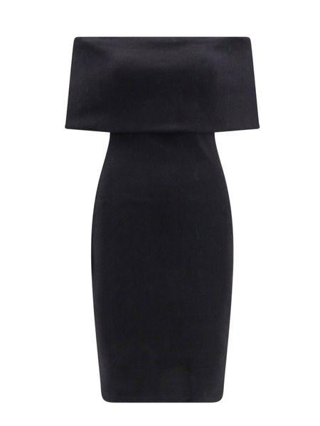 Shop Bottega Veneta Black Off-the-shoulder Midi Dress In Textured Technical Nylon For Women