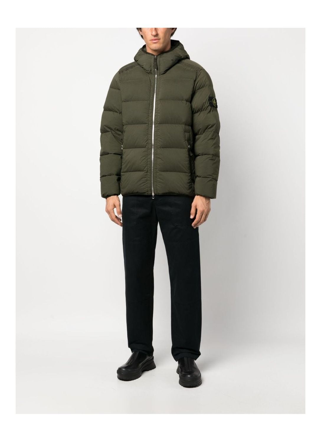 Shop Stone Island Men's Gray Hooded Down Jacket With Removable Logo Patch In Green