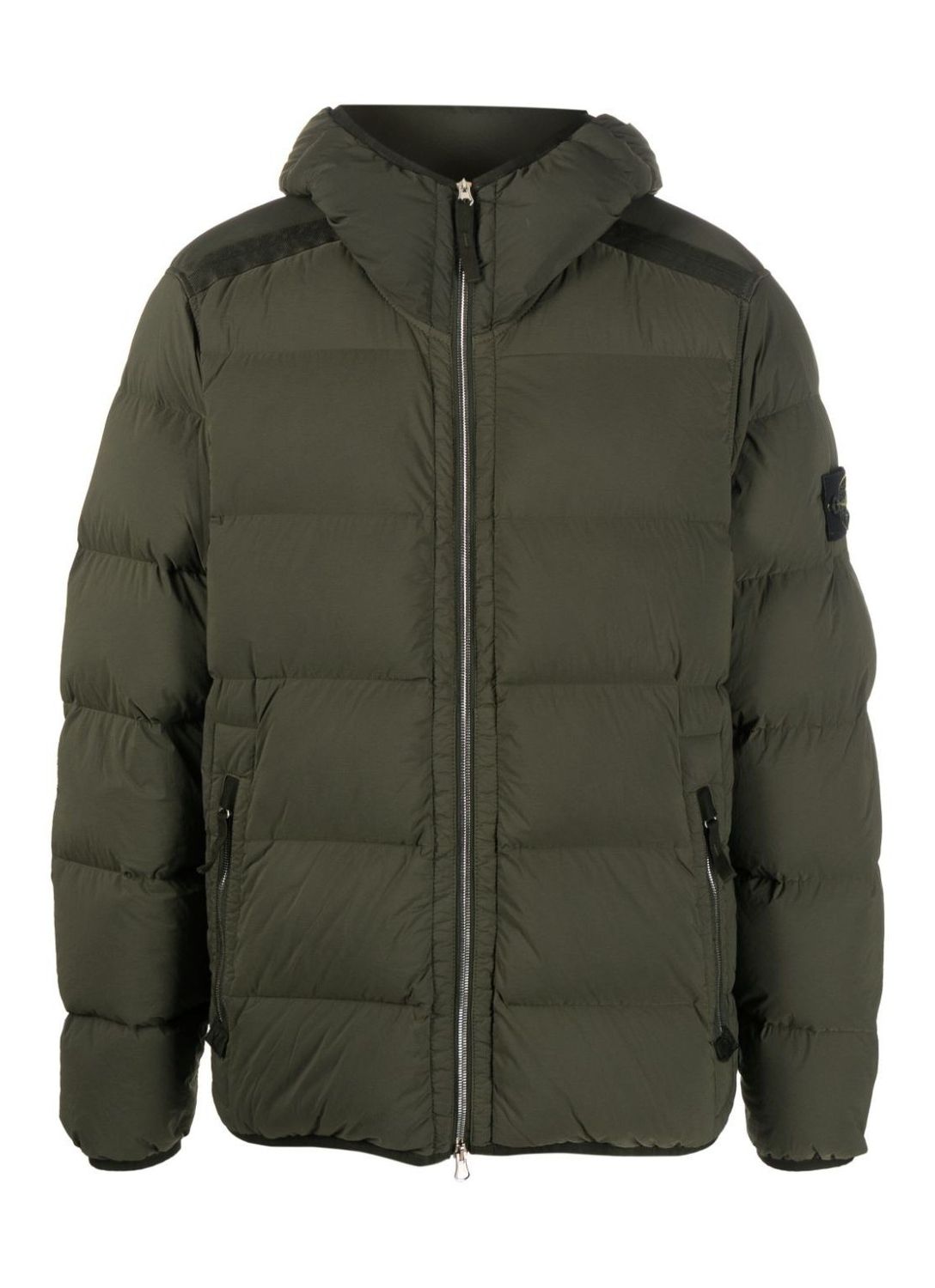 Shop Stone Island Grey Hooded Down Jacket With Removable Logo Patch For Men In Green