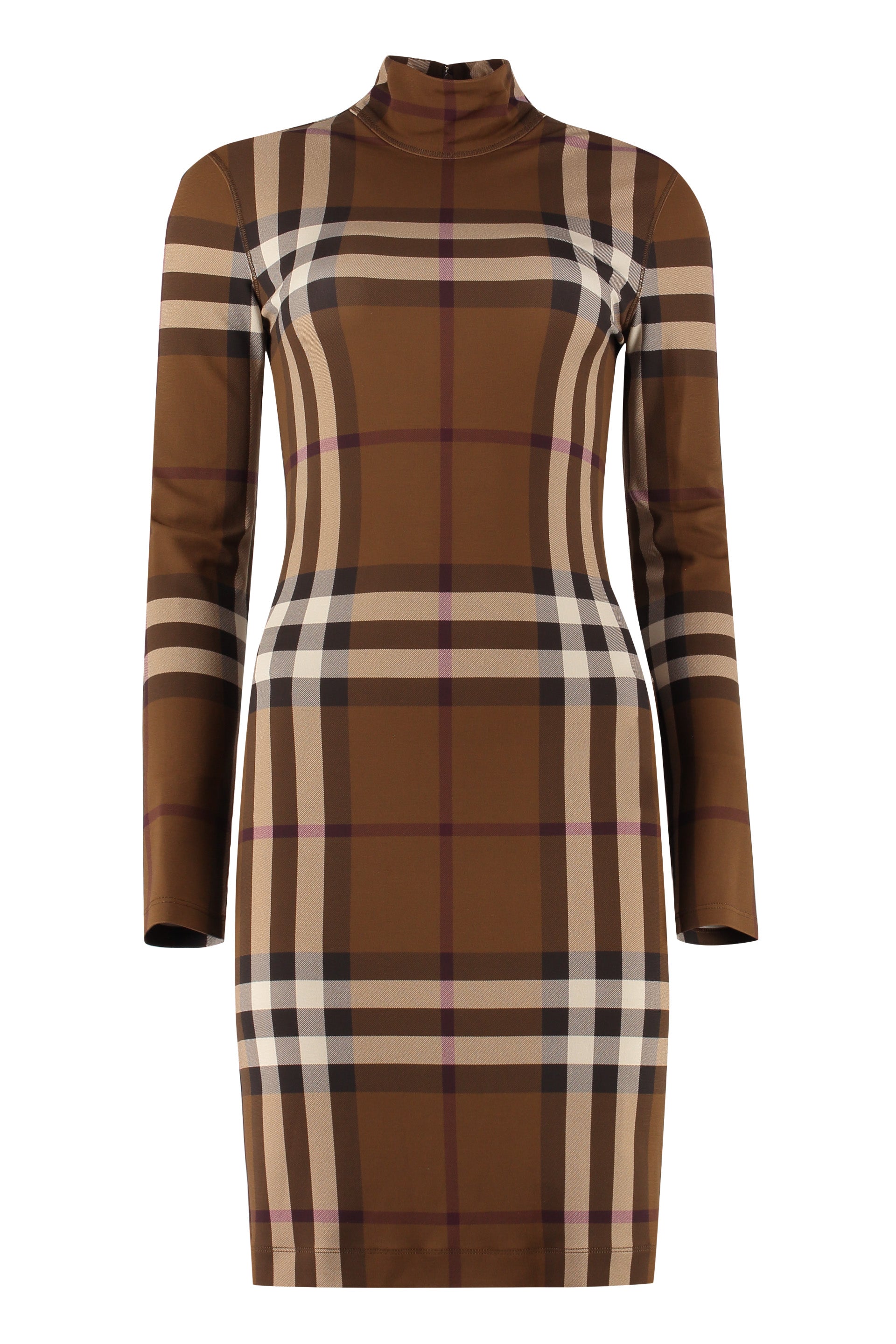 Burberry Checkered Turtleneck Dress In Brown