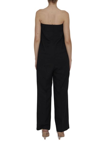 Shop Burberry Strapless Wool Jumpsuit With Embroidered Equestrian Pattern In Black