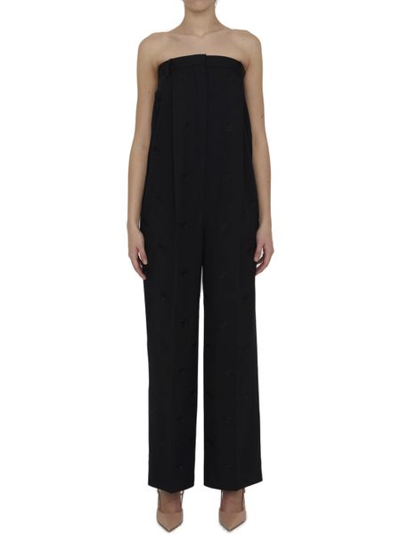 Shop Burberry Strapless Wool Jumpsuit With Embroidered Equestrian Pattern In Black