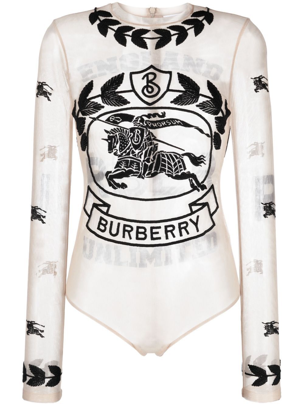 Shop Burberry Printed Stretch Tulle Bodysuit For Women In Negro/beig